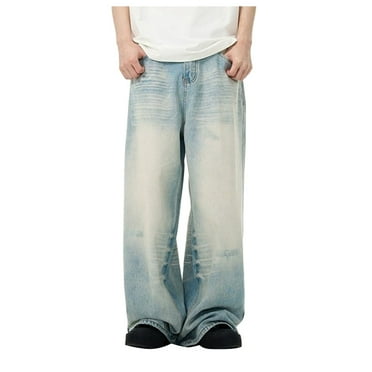 Men Grunge Jeans Mid Rise Baggy Wide Leg Hop Skater Denim Pants