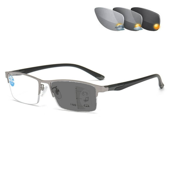 Men Gunmetal Frame Progressive Photochromic Gray Reading Glasses 1.50, Metal Rectangle Half Rimless Business Transition Gray Multifocus Readers +1.50 Strength