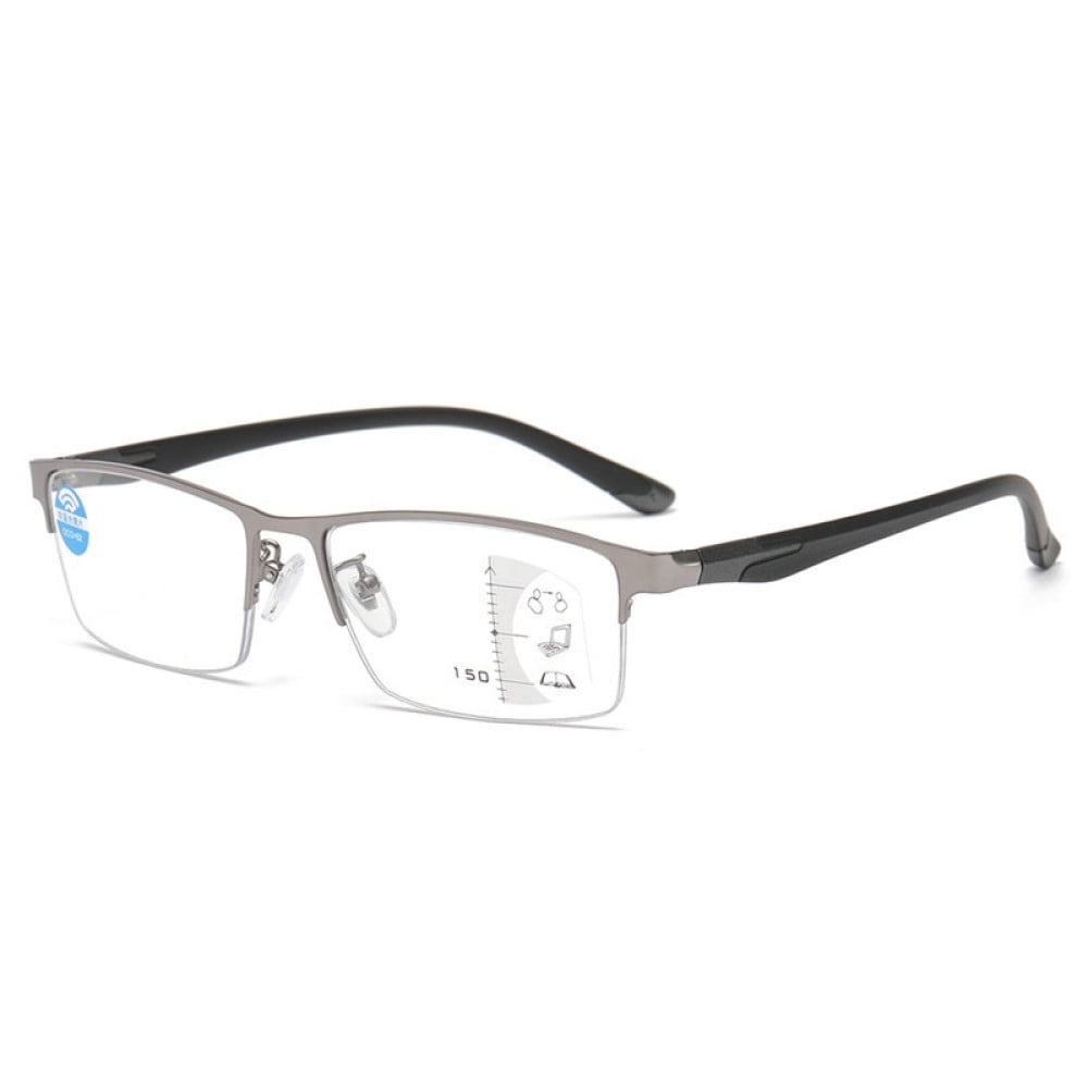 Men Gunmetal Frame Progressive Reading Glasses 1.50, Metal Rectangle Half Rimless Business Multifocus Readers +1.50 Strength (Not Photochromic)