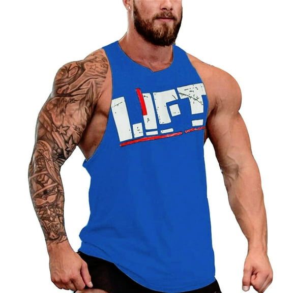 Men Gym Singlet Tank Top shirt Stringer Bodybuilding Muscle Fitness Vest (Blue, Large)