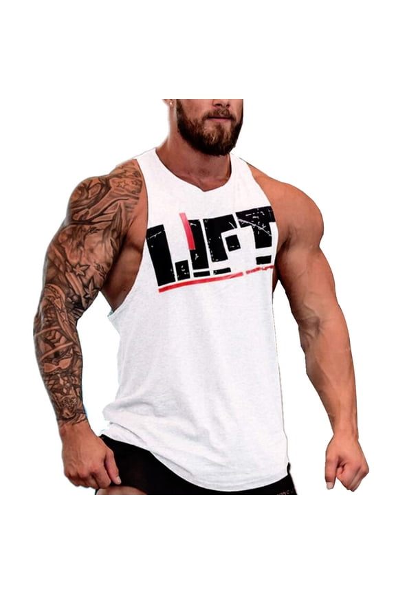 Men Gym Singlet Tank Top shirt Stringer Bodybuilding Muscle Fitness Vest (White, Medium)
