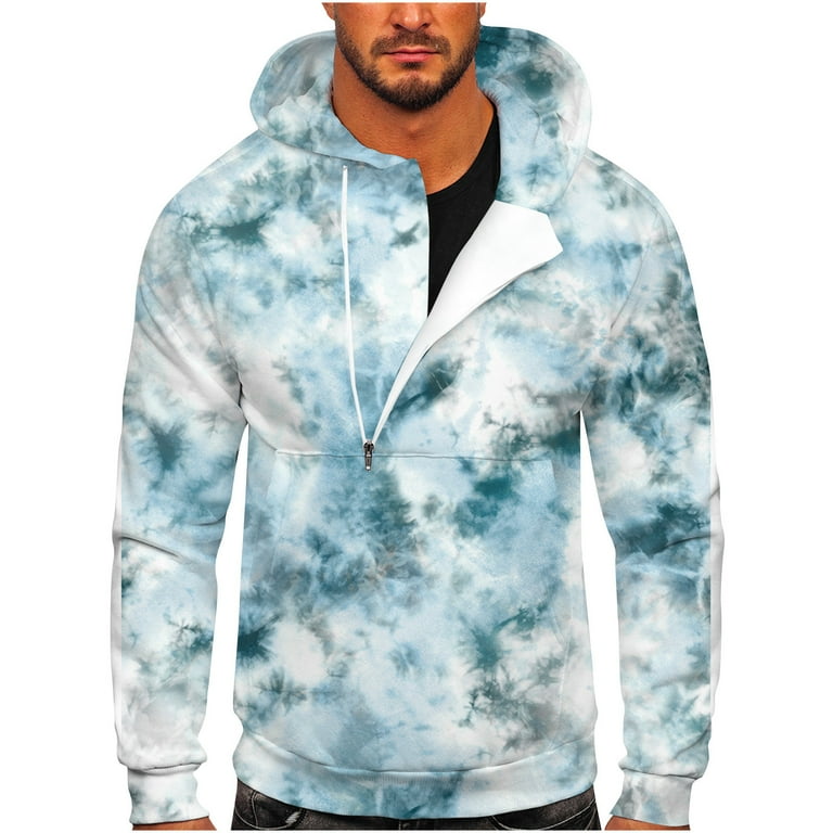 Men Half Zip Gradient Print Sweatshirt Casual Sports Fitness Pullover Hooded Coat Blue S