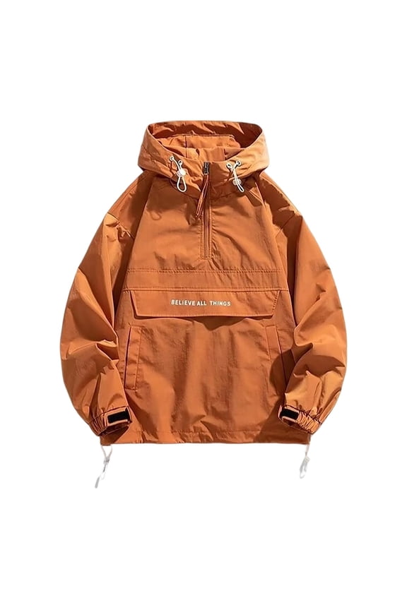 Men Half Zip Hooded Windbreaker, Drawstring Hood Pullover Jacket with Big Front Pocket, Lightweight Loose Casual Windproof Coat Orange XXXL(XXXL)