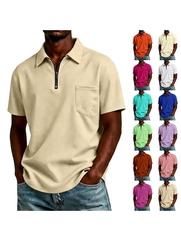 Men Half Zip Lapel Short Sleeve Polo Shirt Breathable Casual Chest Pocket Lightweight Solid Color Daily Tops XL