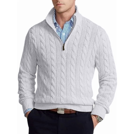 Men Half Zip Mock Neck Cable Knit Cotton Pullover Sweater Gray XXXL