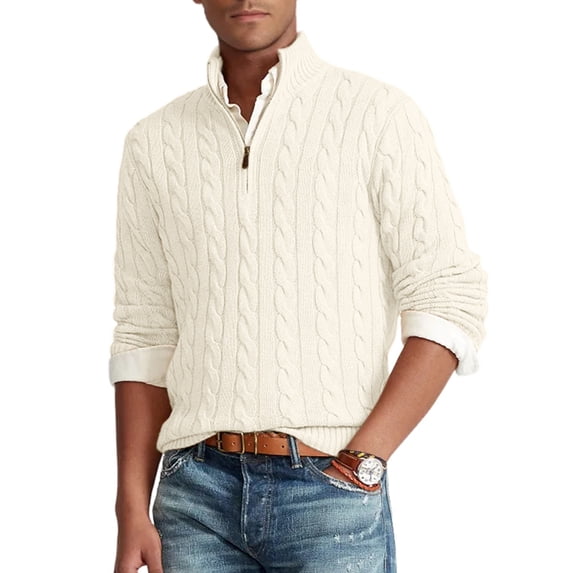 Men Half Zip Mock Neck Cable Knit Cotton Pullover Sweater White L