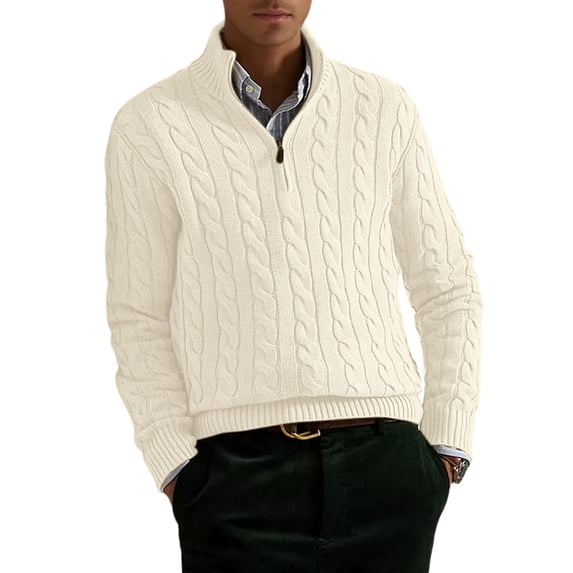 Men Half Zip Mock Neck Cable Knit Cotton Pullover Sweater White XXL