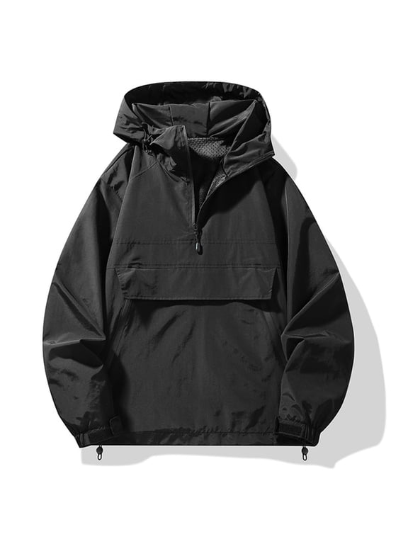 Men Half Zip Pullover Hooded Jacket, Solid Color Windproof Windbreaker, Oversized Outdoor Coat with Big Front Pocket