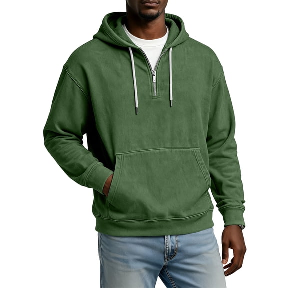 Men Half Zip Pullover Hoodie Long Sleeve Cotton Blend Sweatshirt Kangaroo Pocket Drawstring Hood Casual Loose Fit Top Army Green L