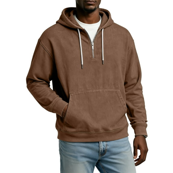 Men Half Zip Pullover Hoodie Long Sleeve Cotton Blend Sweatshirt Kangaroo Pocket Drawstring Hood Casual Loose Fit Top Brown 4XL