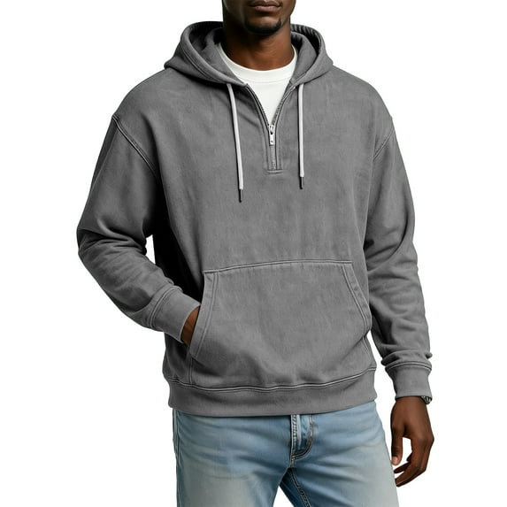 Men Half Zip Pullover Hoodie Long Sleeve Cotton Blend Sweatshirt Kangaroo Pocket Drawstring Hood Casual Loose Fit Top Gray 4XL