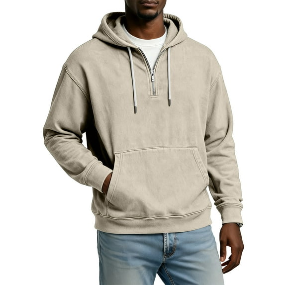 Men Half Zip Pullover Hoodie Long Sleeve Cotton Blend Sweatshirt Kangaroo Pocket Drawstring Hood Casual Loose Fit Top Khaki 3XL