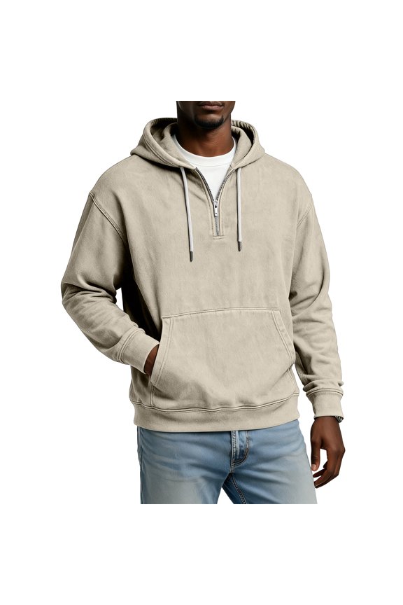 Men Half Zip Pullover Hoodie Long Sleeve Cotton Blend Sweatshirt Kangaroo Pocket Drawstring Hood Casual Loose Fit Top Khaki L