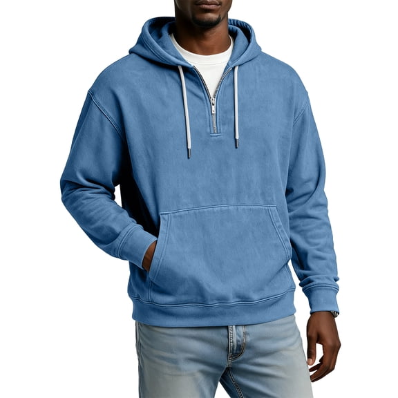 Men Half Zip Pullover Hoodie Long Sleeve Cotton Blend Sweatshirt Kangaroo Pocket Drawstring Hood Casual Loose Fit Top Light Blue 4XL