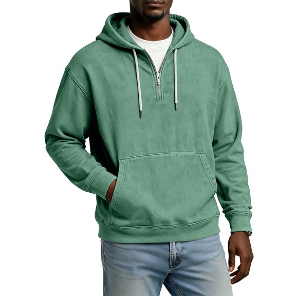 Men Half Zip Pullover Hoodie Long Sleeve Cotton Blend Sweatshirt Kangaroo Pocket Drawstring Hood Casual Loose Fit Top Light Green 4XL