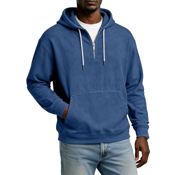 Men Half Zip Pullover Hoodie Long Sleeve Cotton Blend Sweatshirt Kangaroo Pocket Drawstring Hood Casual Loose Fit Top Navy 4XL