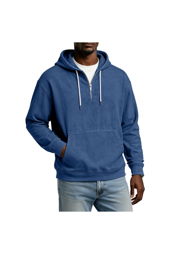 Men Half Zip Pullover Hoodie Long Sleeve Cotton Blend Sweatshirt Kangaroo Pocket Drawstring Hood Casual Loose Fit Top Navy 4XL