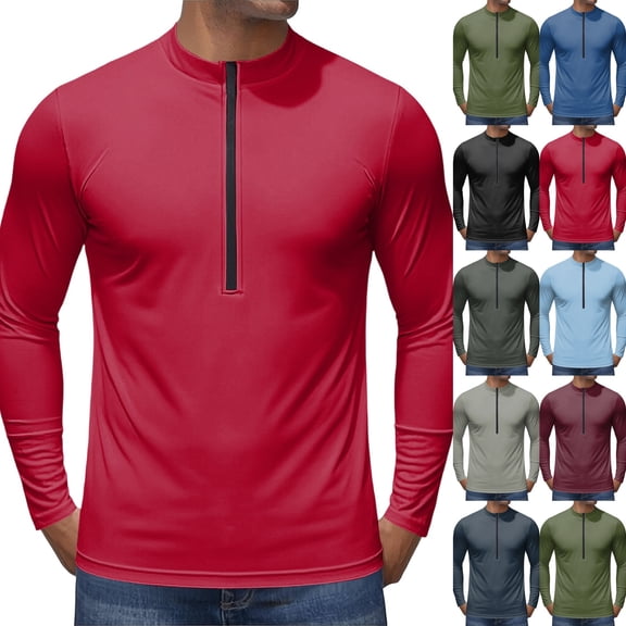 Men Half Zip Stand Collar Long Sleeve Cycling Shirt, Moisture Wicking Athletic Bike Jersey with Back Zipper Pocket for Outdoor Riding Sports,Red,L