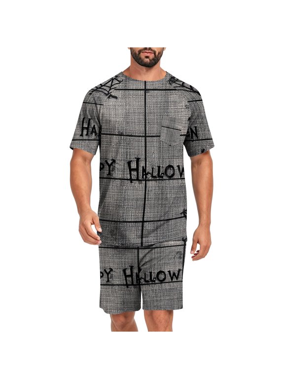 Men Halloween 2 Piece Set Bat Spiderweb Round Neck Funny T Shirts and Ghost Skeleton Bermuda Horror Shorts, M
