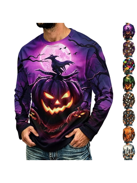 Men Halloween Blouse Pumpkin Graphic Crew Neck Long Sleeve Sweatshirt Fall Holiday