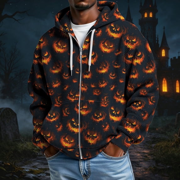 Men Halloween Full‑Zip Hoodie, Waffle‑Textured Long Sleeve Hooded Sweatshirt with Pockets