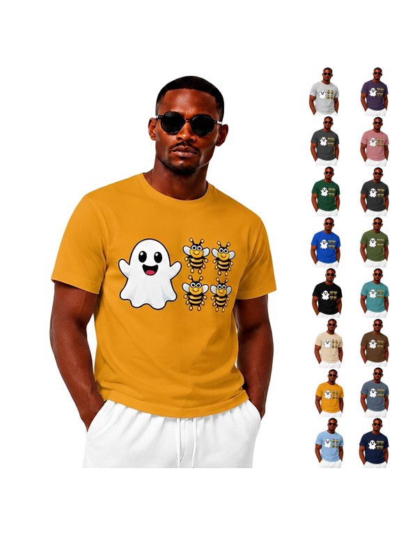 Men Halloween Ghost Bee Graphic T‑Shirt Funny Boo 4 Bees Print Short Sleeve Crewneck Tee M