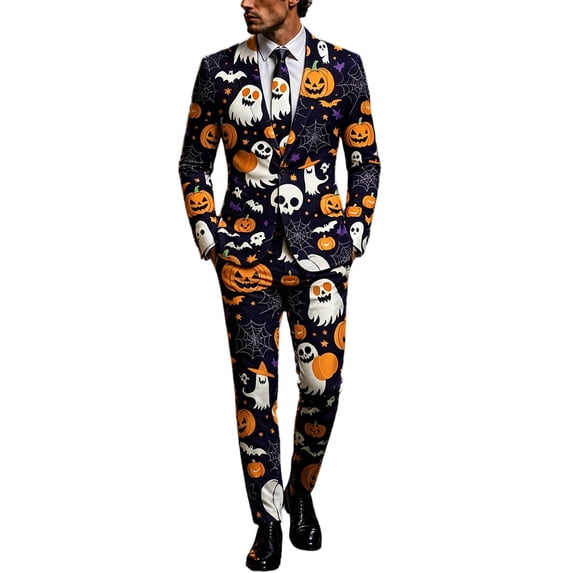 Men Halloween Outfits Suit Set with Pumpkin Ghost Bat Print Tie and
