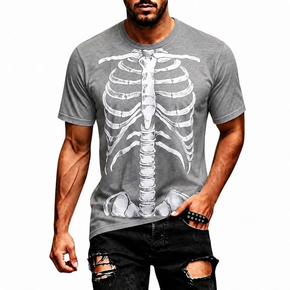 Men Halloween Skeleton Funny Print T-Shirt, Crew Neck Short Sleeve Slim Fit Novelty Graphic Casual Tee for Trick-or-Treat Daily Street Shopping Outfit(Grey,S)