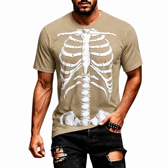 Men Halloween Skeleton Funny Print T-Shirt, Crew Neck Short Sleeve Slim Fit Novelty Graphic Casual Tee for Trick-or-Treat Daily Street Shopping Outfit(Khaki,XL)