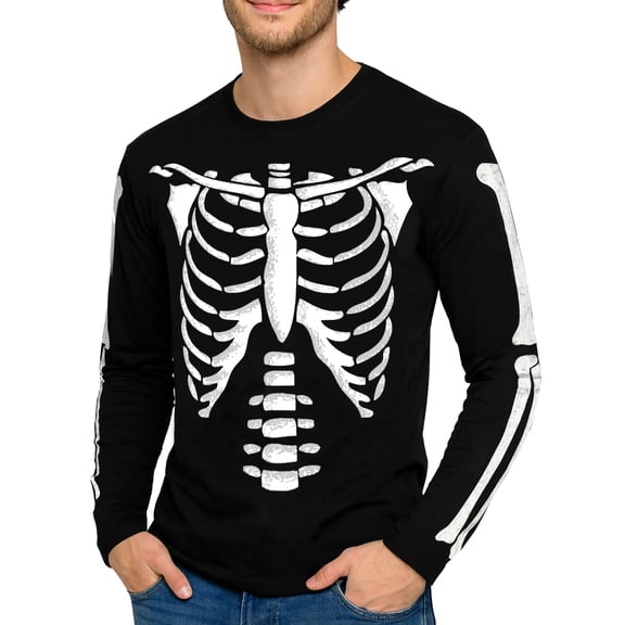 Men Halloween Skeleton Shirt Casual Rib Cage Graphic Longsleeve Black Costume Tshirt-S