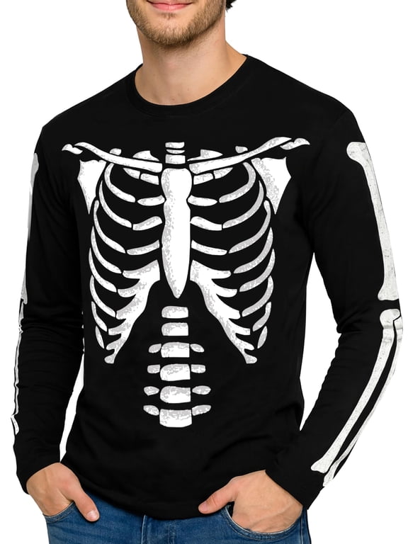 Men Halloween Skeleton Shirt Casual Rib Cage Graphic Longsleeve Black Costume Tshirt-XL