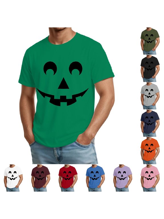 Men Halloween Themed Shirts Pumpkin Ghost Graphic Casual Short Sleeve Crew Neck T Shirts Fall Trendy Comfortable Breathable Vacation Tops Green XL