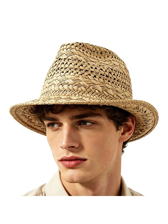 Men Hand‑Woven Paper Straw Fedora Hat Hollow Knit Sun Hat Wide Brim Breathable Outdoor Beach Travel Vacation Sun‑Shade Head‑Accessory for Adults