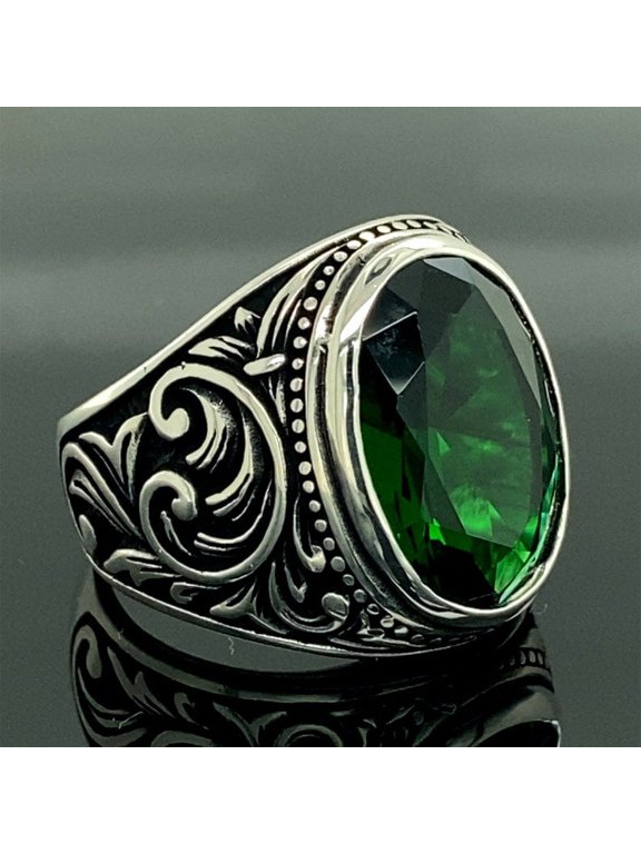 Men Handmade Ring , Green Stone Ring , Emerald Stone Ring , Sterling Silver Vintage Ring , Men Silver Jewelry , Anniversary Gifts for Hims