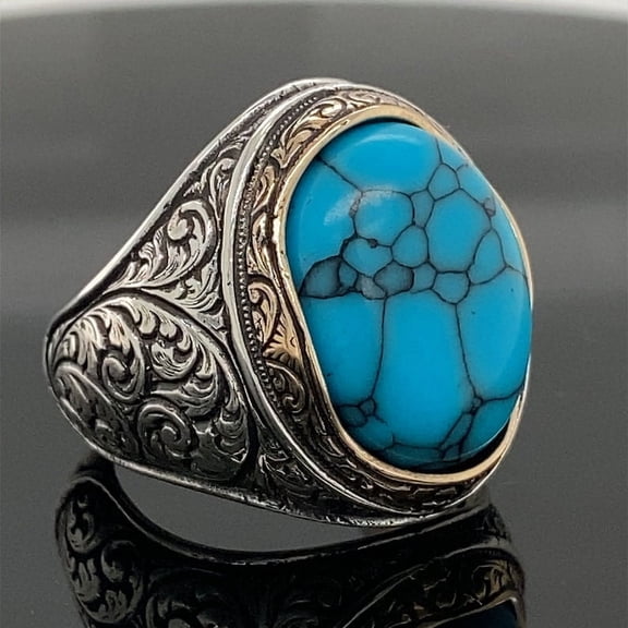 Men Handmade Ring , Oval Turquoise Stone , Turquoise Oval Gemstone Ring , Handcrafted Ottoman Men Ring , Turkish handmade , Gift for Him