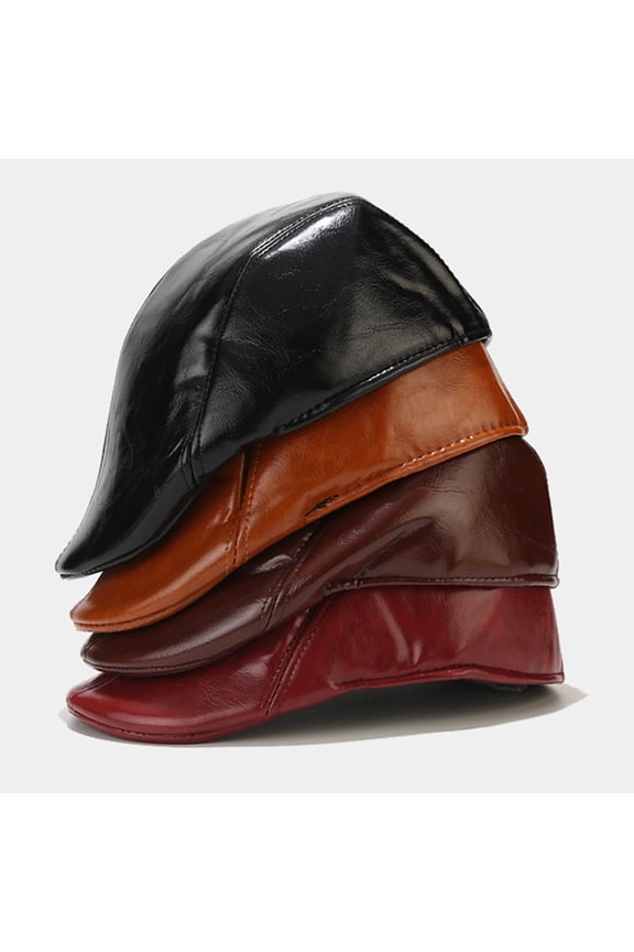 Men Hat - Vintage Style Solid Color, Smooth Faux Leather Advanced Hat, Mid-aged Men Beret Cold Weather Cap