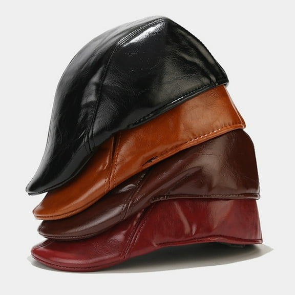 Men Hat Vintage Style Solid Color Smooth Faux Leather Advanced Hat Mid-aged Men Beret Cold Weather Hiking Traveling Cap English Newsboy Cap