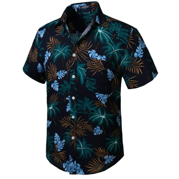 Men Hawaii Shirts, Short Sleeve Hawaii Shirt Button Down Shirts Beach Floral Shirt Navy Blue Gold S