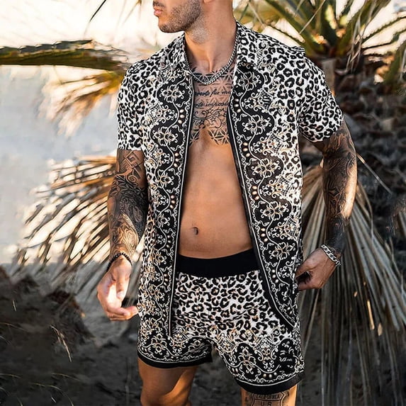 Men Hawaiian 2Pcs Sets Summer 3D Print Short Sleeve Shirt Beach Button Shorts Streetwear Shirt Holiday Men‘s Two Piece Suit