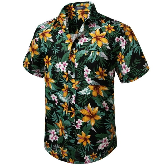 Men Hawaiian Floral Shirts Beach Short Sleeve Shirt Casual Button Down Shirt Summer BlackGolden 3XL