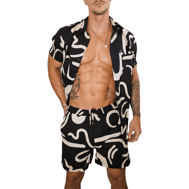 Men Hawaiian Shirt Sets Button Down Shirts 2 Piece Casual Shorts ...