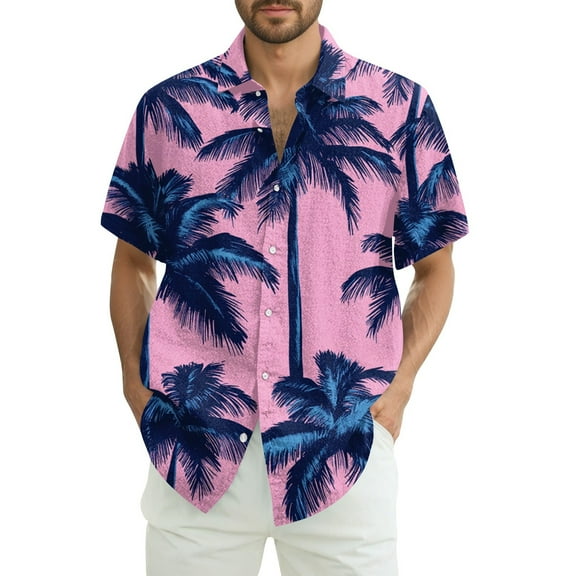 Men Hawaiian Shirt Short Sleeves Printed Button Down Shirts Summer Beach Mens Shirts Clearance 04-Purple Pink L