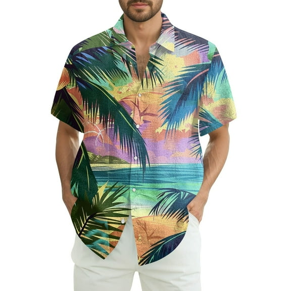 Men Hawaiian Shirt Short Sleeves Printed Button Down Shirts Summer Beach Mens Shirts Clearance 05-Royal Blue L