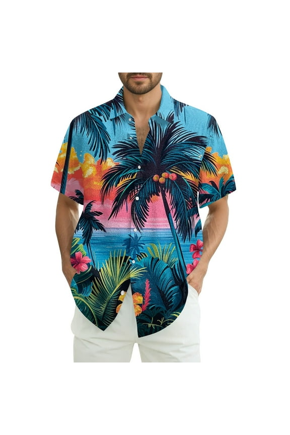 Men Hawaiian Shirt Short Sleeves Printed Button Down Shirts Summer Beach Mens Shirts Clearance 09-Blue 5XL
