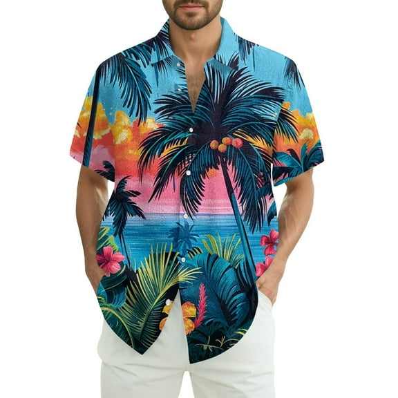 Men Hawaiian Shirt Short Sleeves Printed Button Down Shirts Summer Beach Mens Shirts Clearance 09-Blue L
