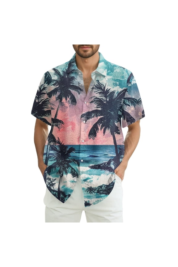 Men Hawaiian Shirt Short Sleeves Printed Button Down Shirts Summer Beach Mens Shirts Clearance 13-Pink XL