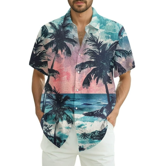 Men Hawaiian Shirt Short Sleeves Printed Button Down Shirts Summer Beach Mens Shirts Clearance 13-Pink XL