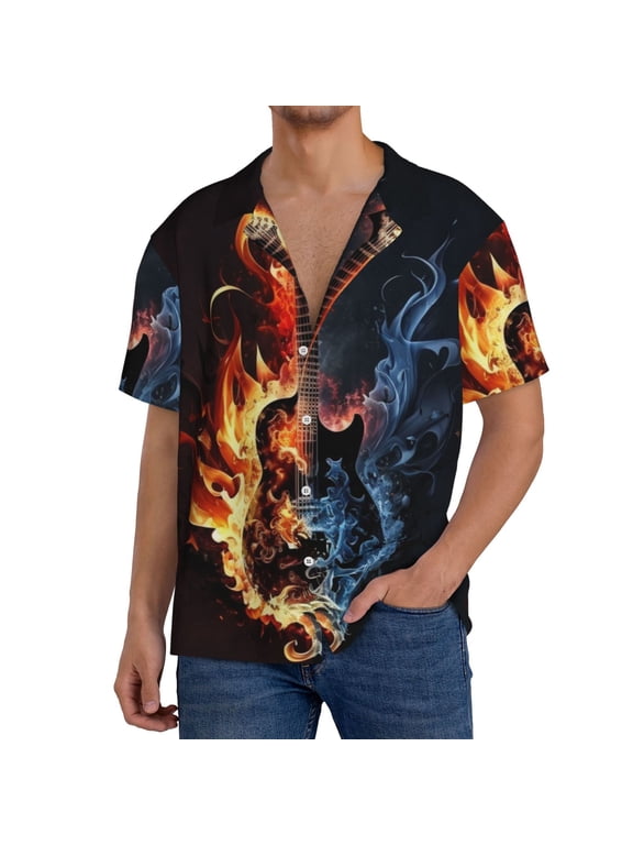 Men Hawaiian Shirts Short Sleeve Button Down Summer Beach , Flaming Burning Guitar Red Blue Fire