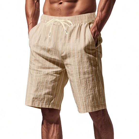 Men Hawaiian Shorts Striped Printed Straight Leg Short Pants Linen Beach Fall Summer Drawstring Shorts with Pockets Khaki XL
