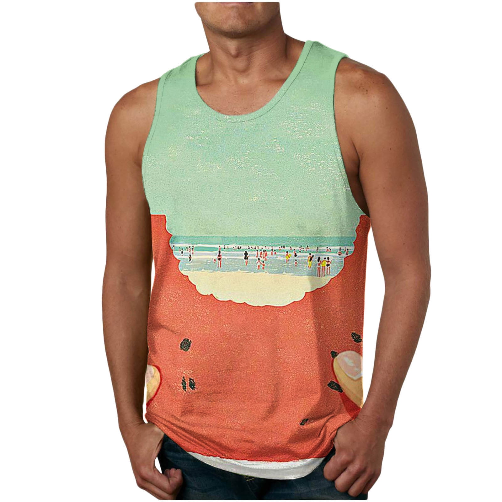 Men Hawaiian Tank Tops Casual Floral Print Sleeveless Tshirt Round Neck